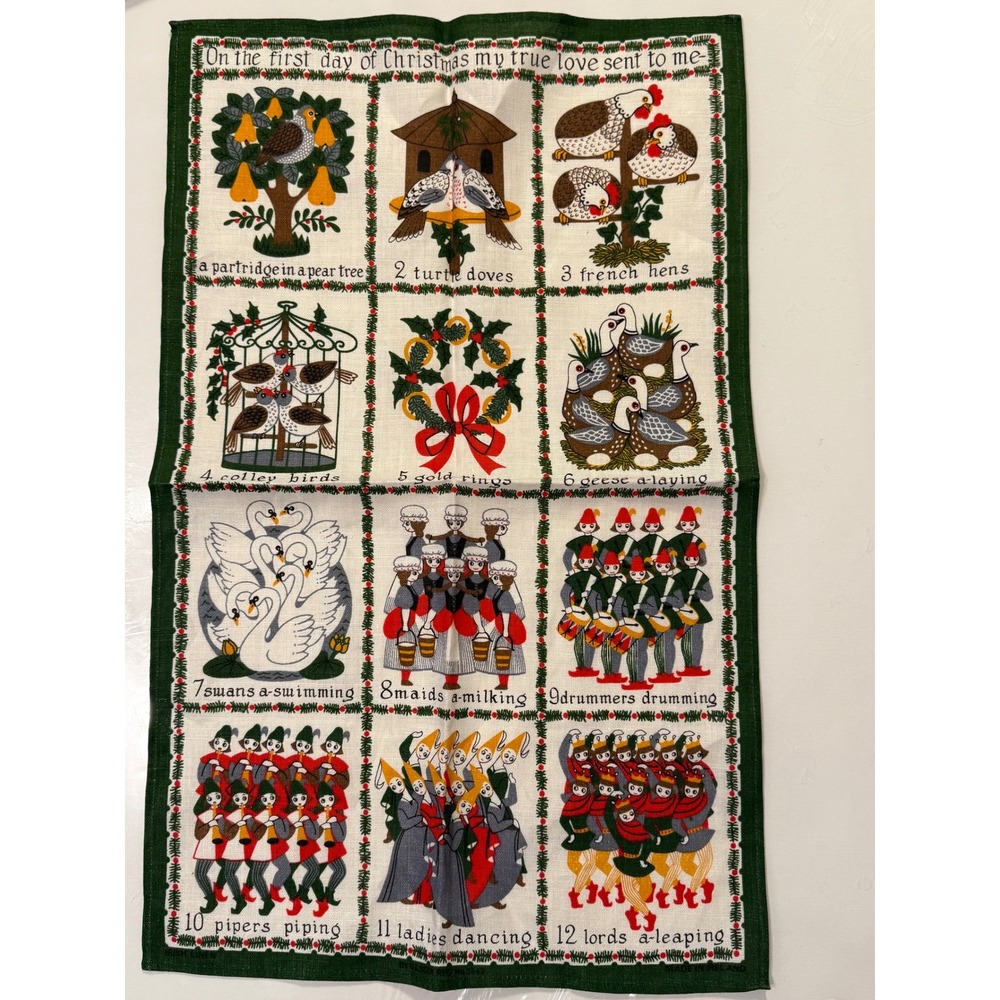 Vintage 12 Days of Christmas Linen Tea Towel Made in Ireland Holiday Decor